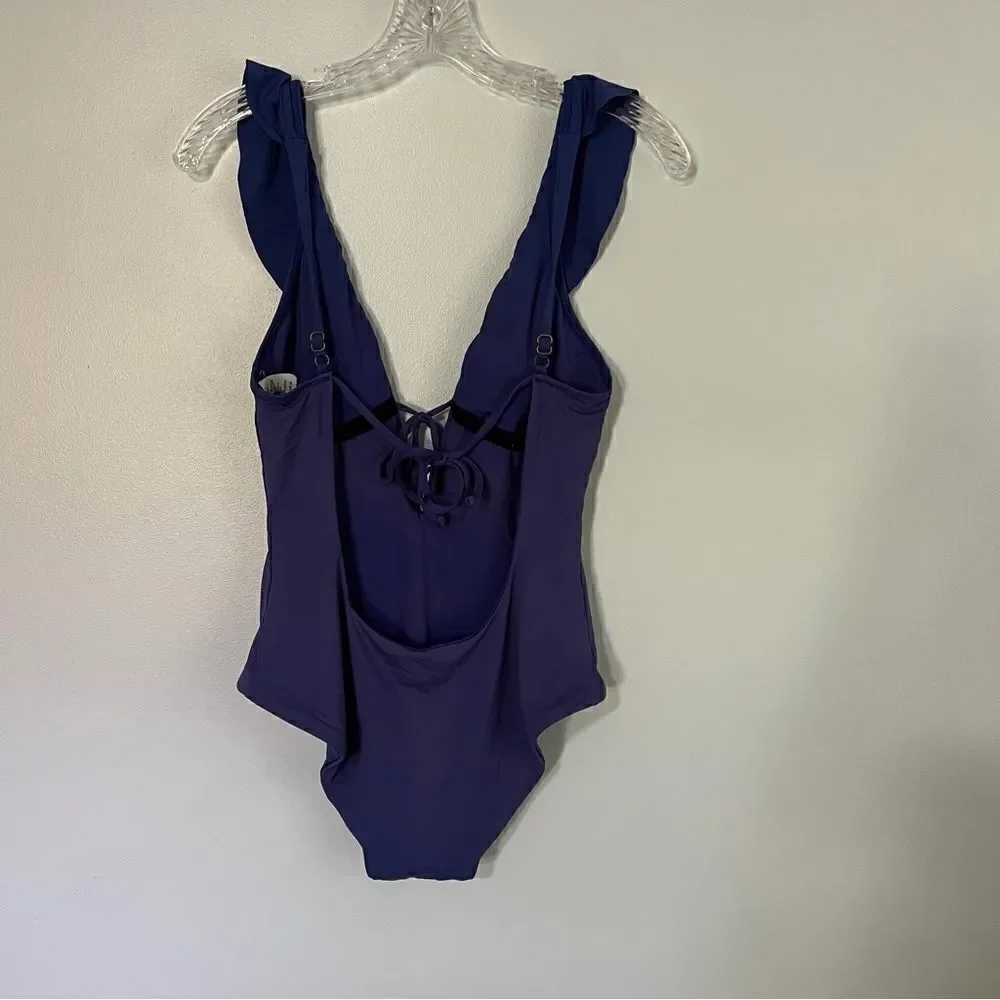 BECCA by Rebecca Virtue Plunge Ruffle One Piece Swimsuit Blue/Navy Medium